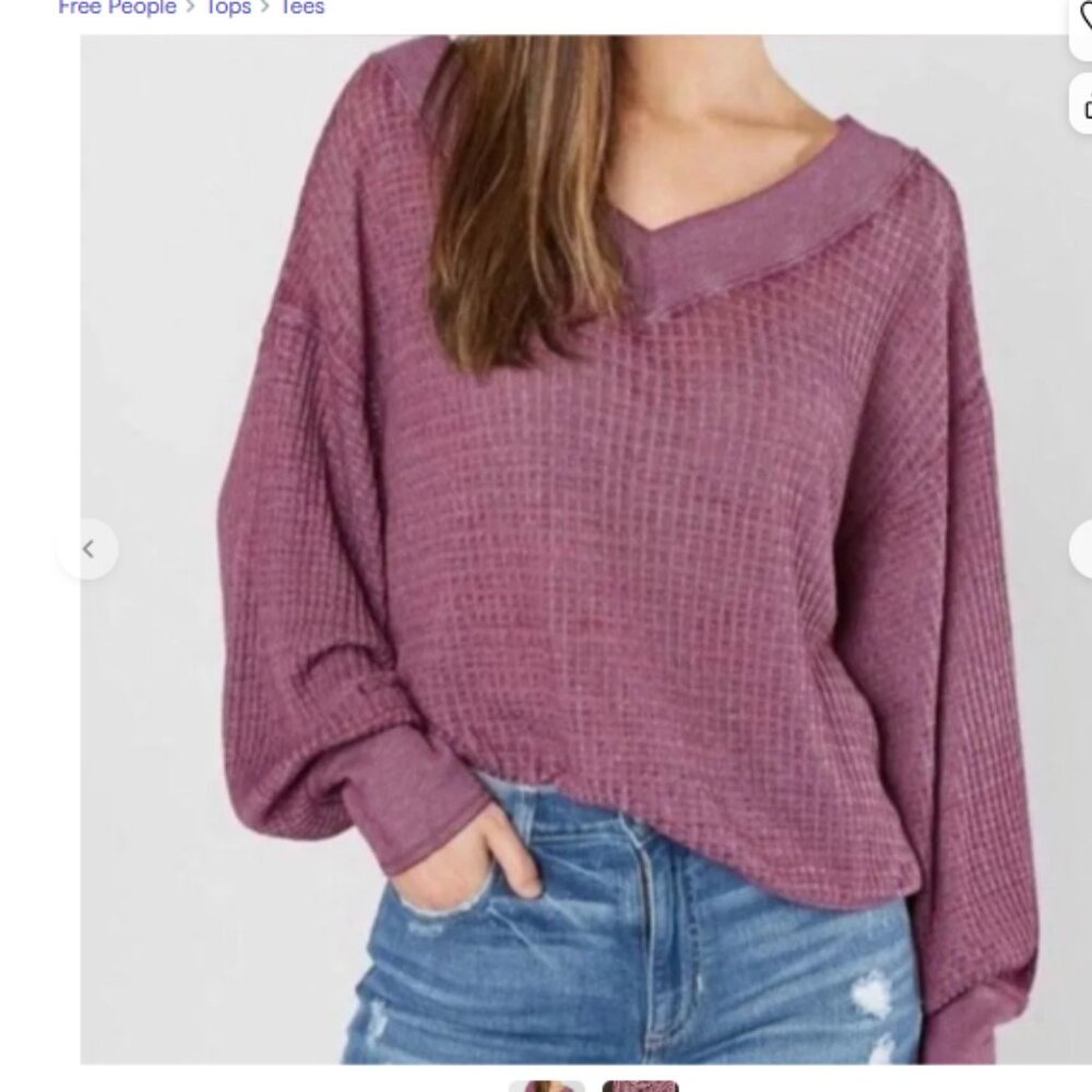 We The Free Plum V-Neck Sheer Off The Shoulder Waffle Knit BOHO Sweater  Sz S